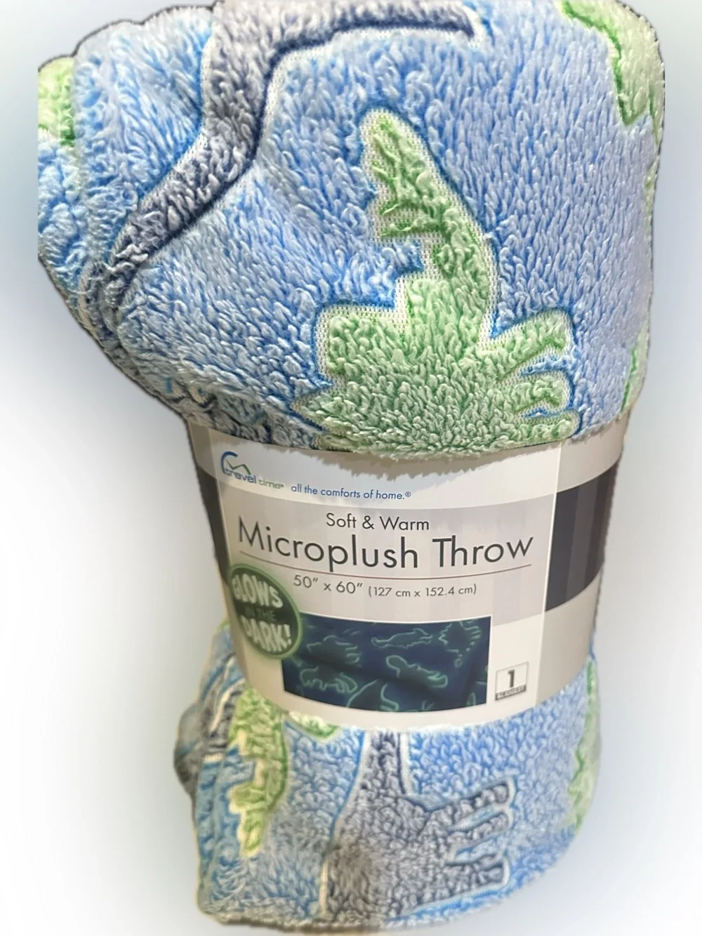 TRAVEL TIME MICROPLUSH THROW BLANKET SOFT WARM BLUE GREEN GRAY DINOSAUR 50”x 60”